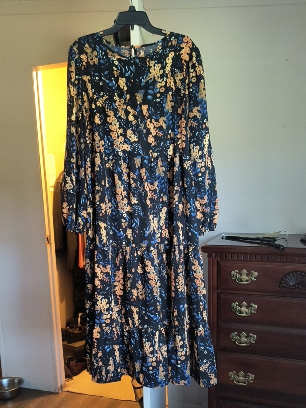 Women's Navy Blue Floral Tiered Long Sleeve Dress. Never Worn